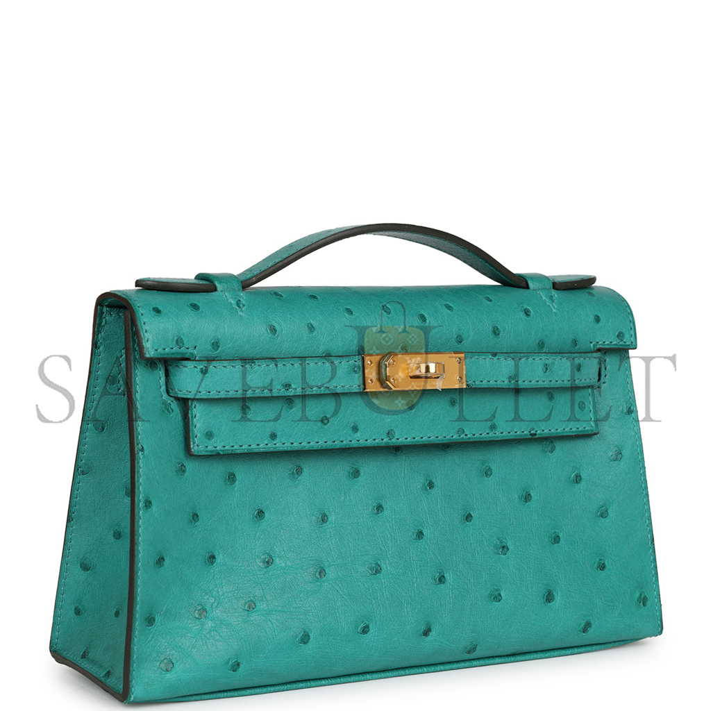 H**mes master kelly pochette vert verone ostrich gold hardware (22*14*7cm)